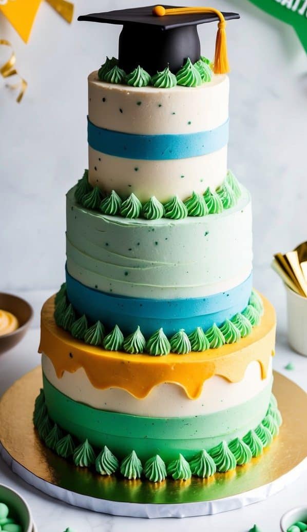A four-tiered celebration cake decorated with shades of green, blue, and yellow frosting, topped with a graduation cap. Green and orange "Congratulations" banners hang in the background. Small green candies and bowls are on the table.