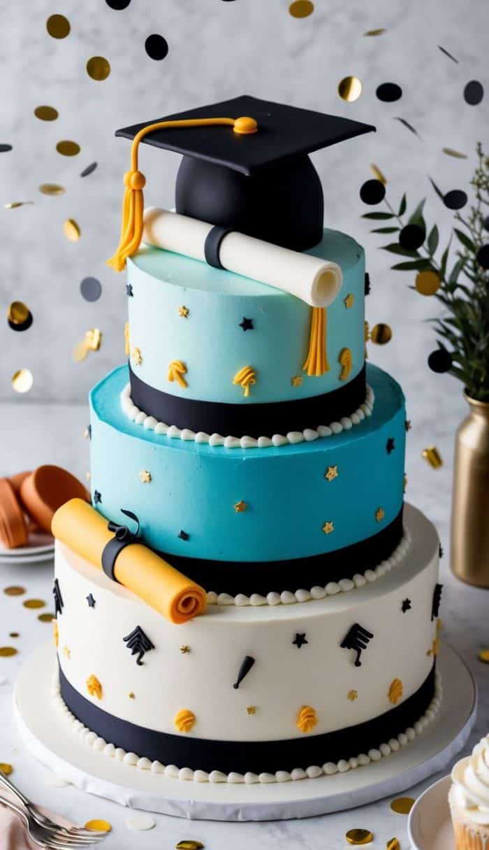 A three-tiered graduation cake with blue and white frosting, decorated with black and gold accents. The top tier is adorned with a black graduation cap and diploma. Gold and black confetti surrounds the cake on a marble surface.