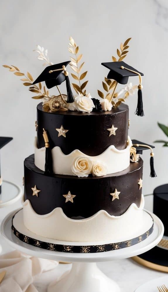 A two-tiered graduation cake with black and white frosting, adorned with gold stars, roses, and graduation caps. The cake is on a white stand, surrounded by plates and a white cloth on a marble surface.