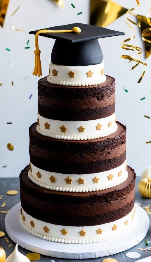 A three-tier chocolate and vanilla cake decorated with gold stars and a graduation cap topper. Gold and white decorations, including balloons and ribbons, surround the cake. Colorful confetti is scattered in the background.