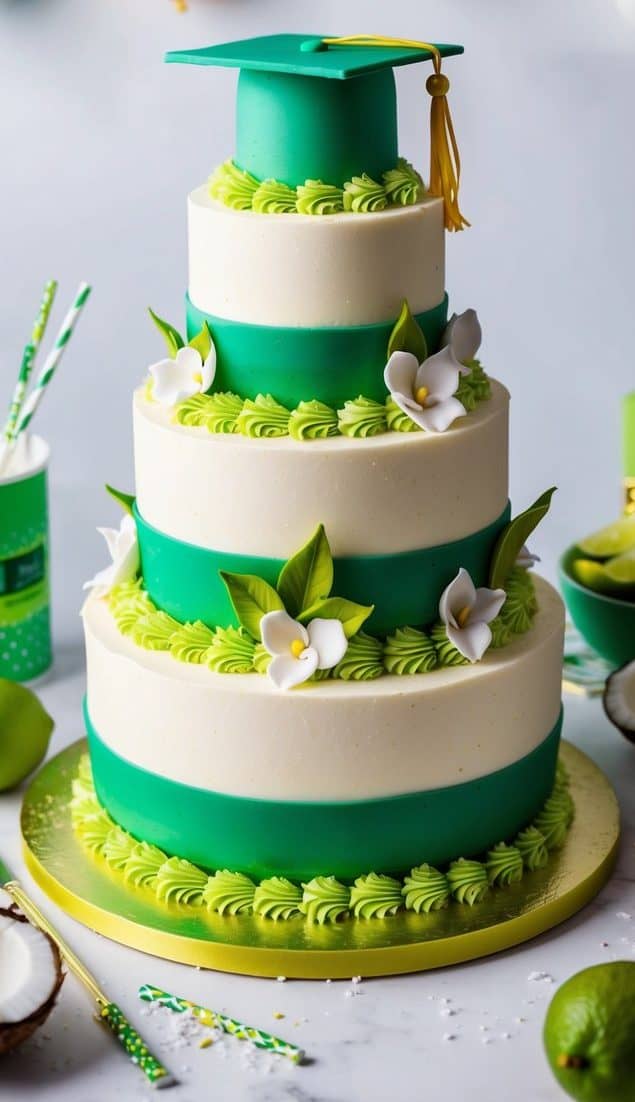 Three-tiered cake with green and white layers, adorned with white flowers and leaves. A graduation cap topper sits at the top. Decorative paper lanterns hang in the background, surrounded by limes and coconut shells.