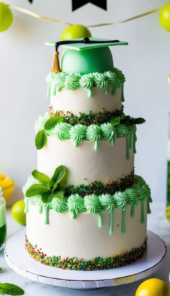 A mint mojito-themed graduation cake surrounded by festive decorations and a congratulatory banner