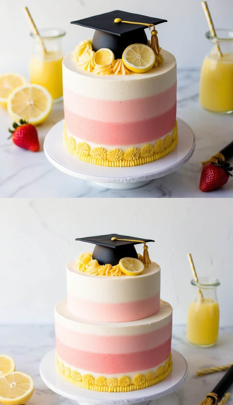 A vibrant strawberry lemonade burst cake with graduation cap and diploma decorations