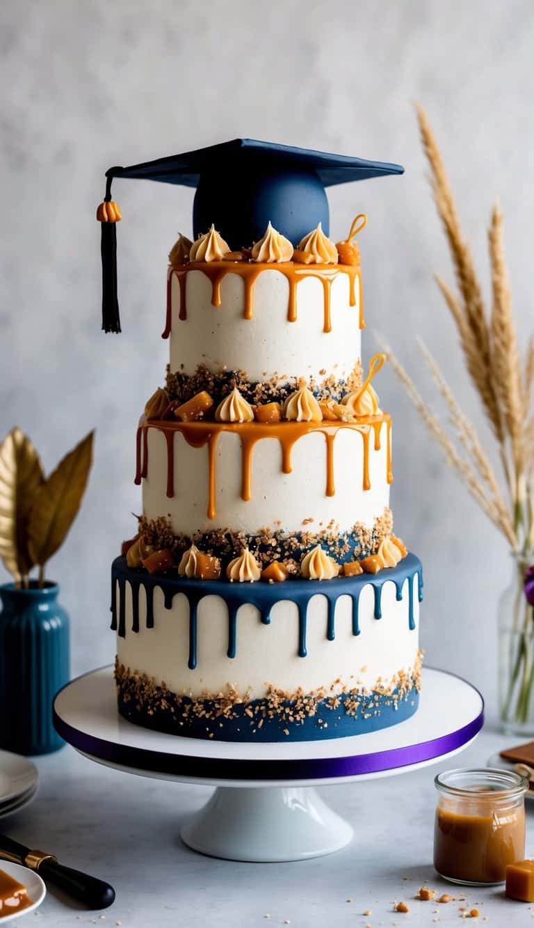 A festive graduation cake adorned with salted caramel crunch and creative decorations