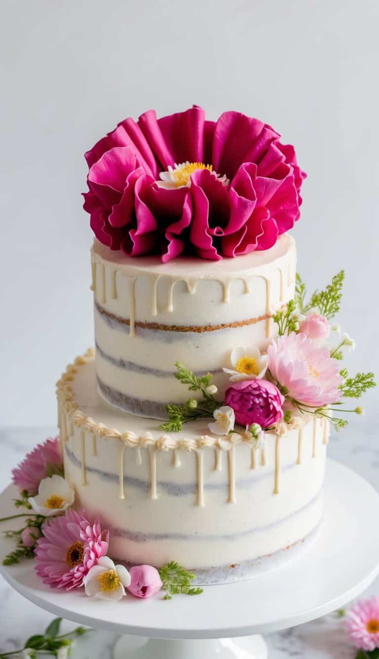 A vibrant raspberry petal pouf sits atop a spring-themed cake, adorned with fresh flowers and delicate icing details