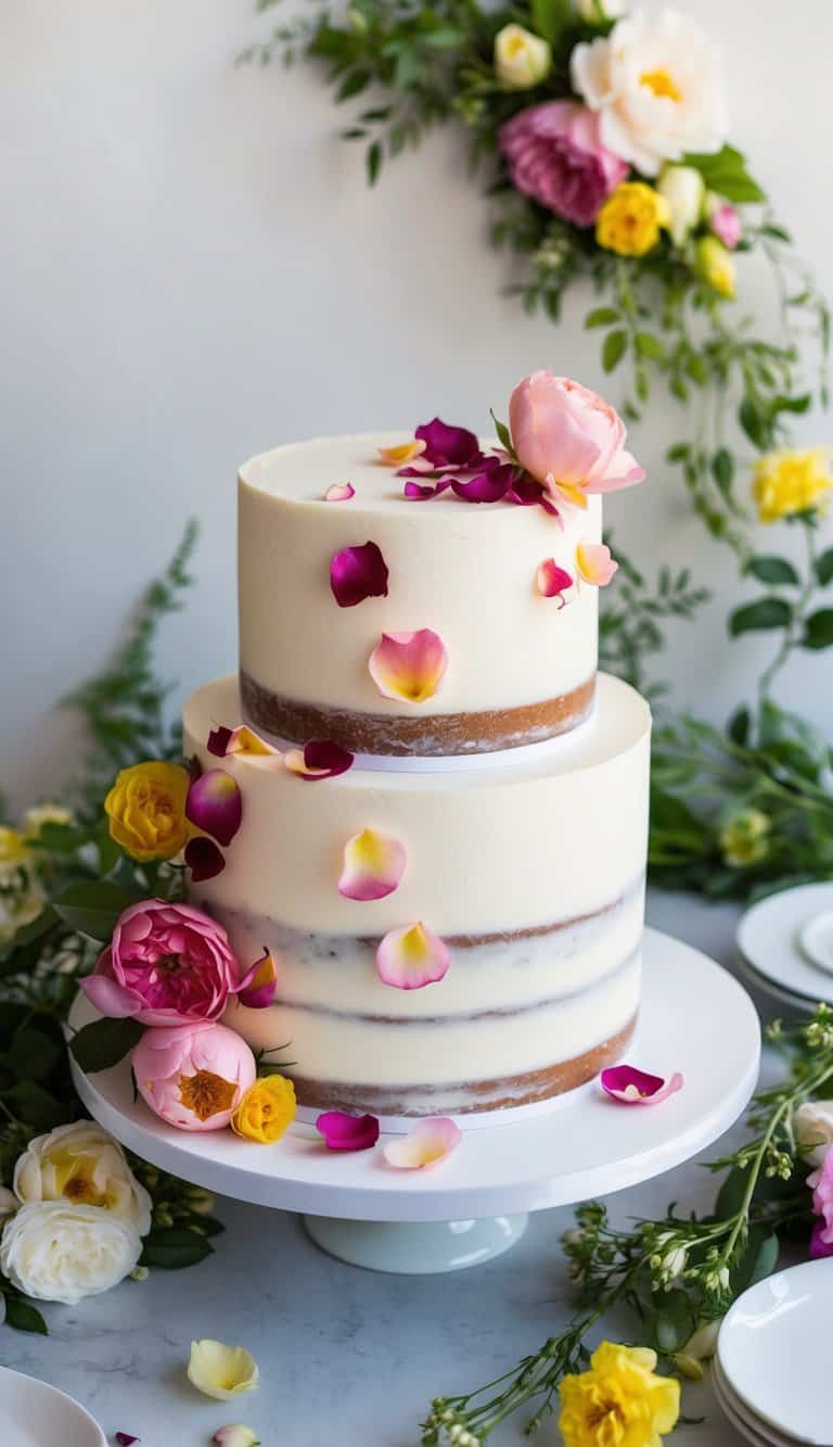 Bleeding rose petals scattered on a spring cake, surrounded by vibrant flowers and greenery