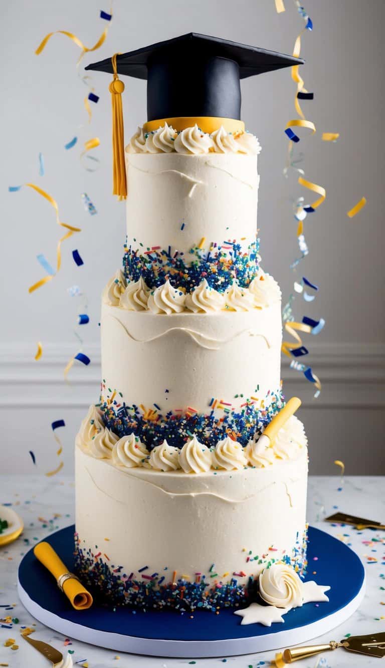 A tall, three-tiered graduation cake adorned with vanilla buttercream frosting, topped with a graduation cap and diploma, surrounded by confetti and celebratory decorations