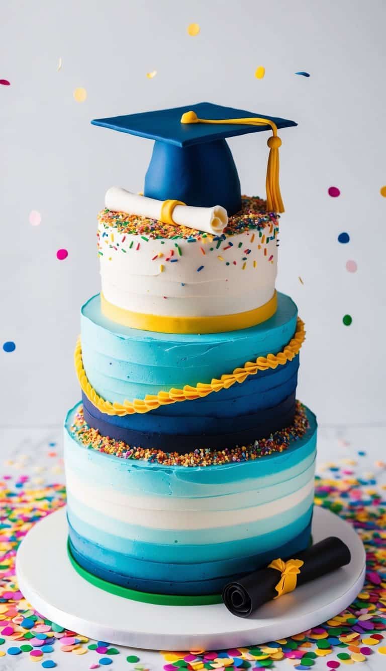 A festive graduation cake surrounded by colorful confetti and topped with a graduation cap and diploma