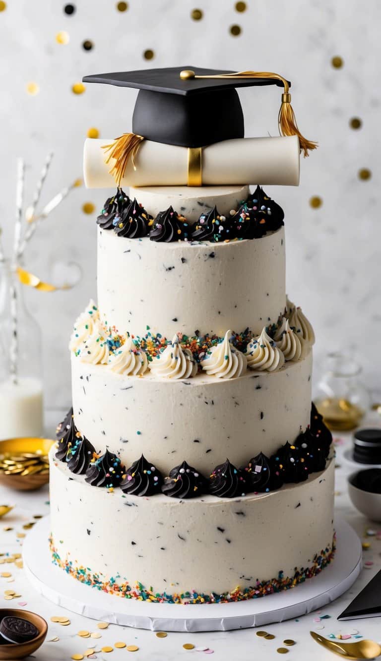A tiered cake adorned with cookies and cream frosting, topped with a graduation cap and diploma, surrounded by confetti and festive decorations