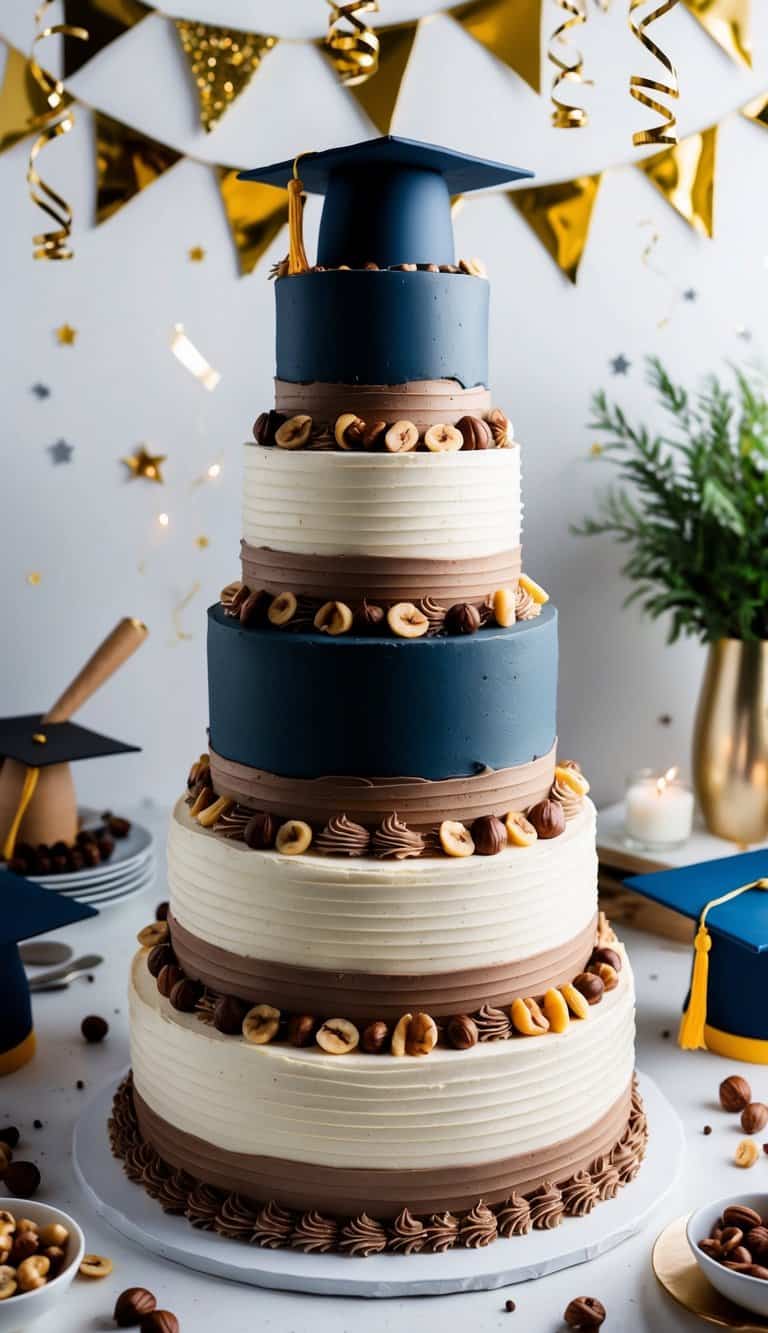 A grand graduation cake adorned with hazelnuts and mocha swirls, surrounded by festive decorations and a congratulatory atmosphere