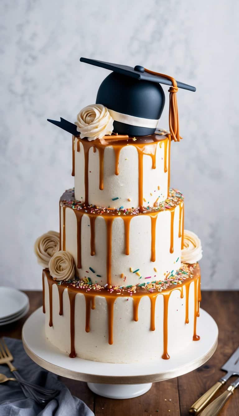 A tiered graduation cake adorned with caramel drizzle, confetti, and a graduation cap topper