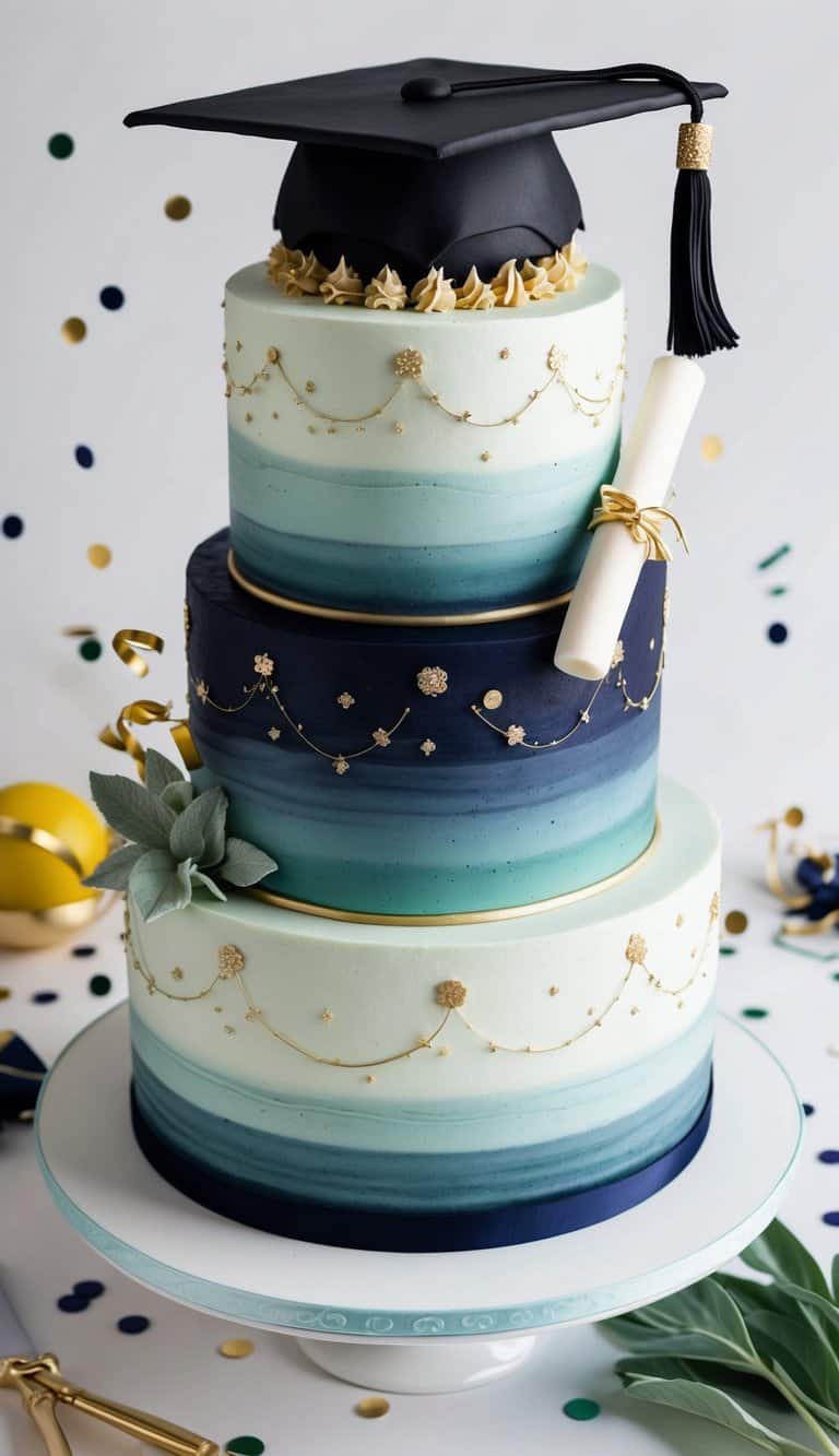 A blackberry sage celebration cake adorned with graduation cap and diploma, surrounded by confetti and festive decorations