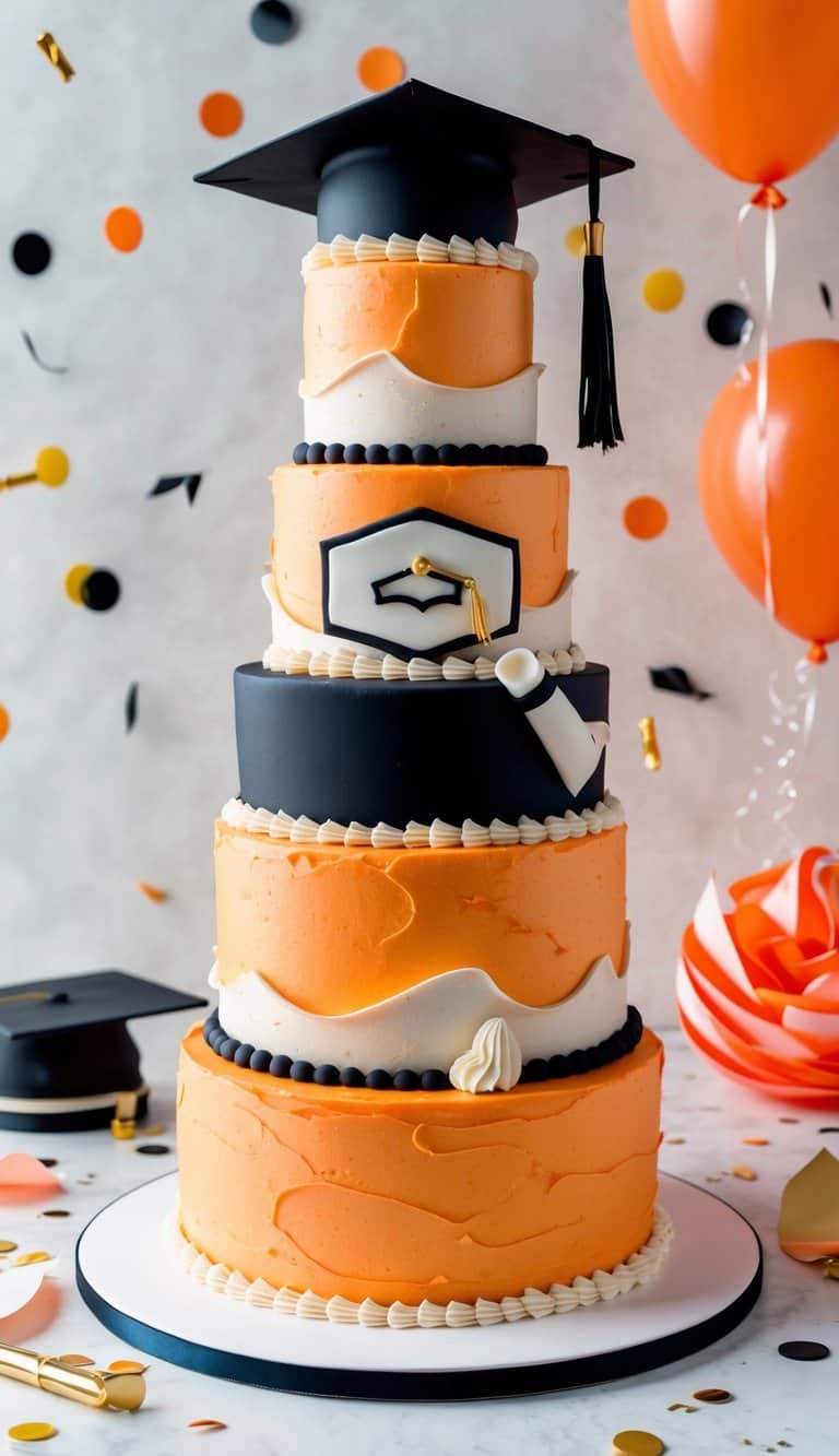 A vibrant orange creamsicle cake adorned with graduation cap and diploma decorations, surrounded by confetti and balloons