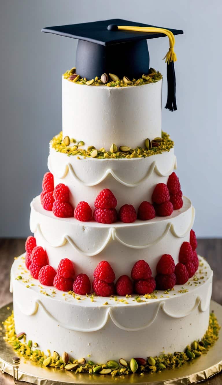 A vibrant, tiered cake adorned with pistachios and raspberries, topped with a graduation cap and diploma