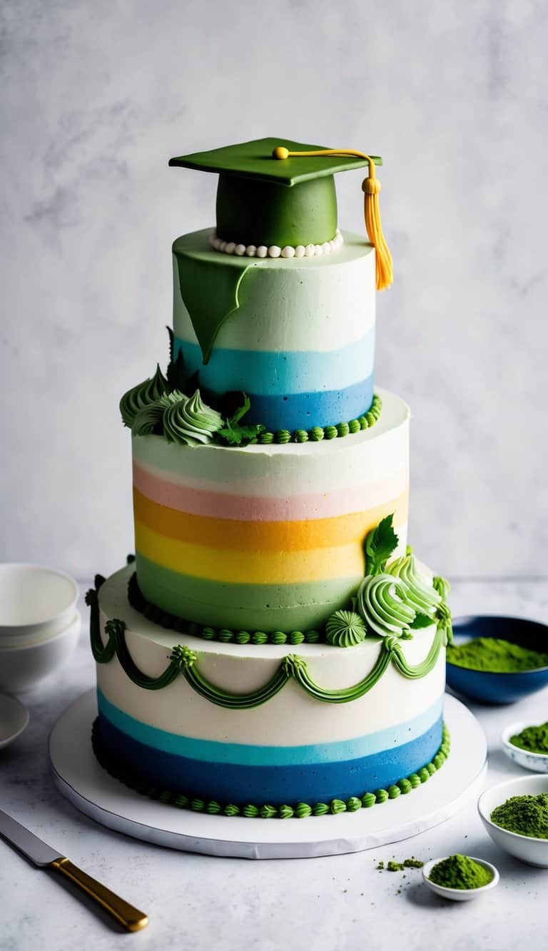 A colorful graduation cake topped with matcha green tea creation and decorative elements