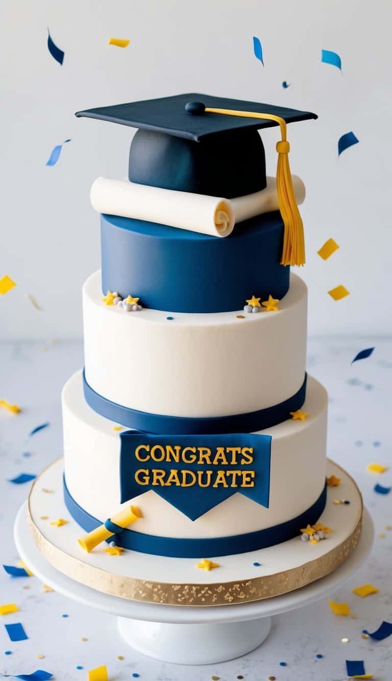 A graduation cap sitting atop a tiered cake, adorned with fondant books, a diploma, and a mortarboard, surrounded by confetti and a "Congrats Graduate" banner