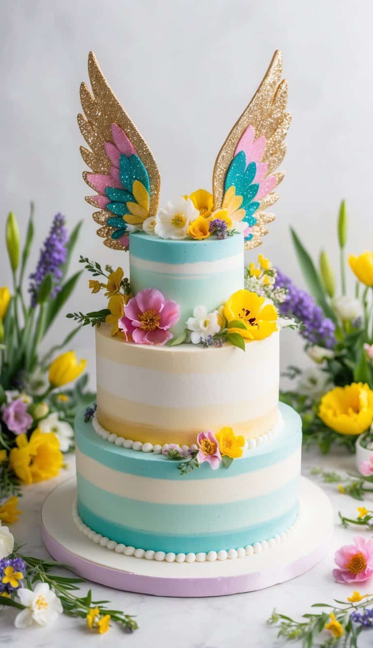 A colorful spring cake adorned with edible glitter wings and surrounded by vibrant flowers and greenery