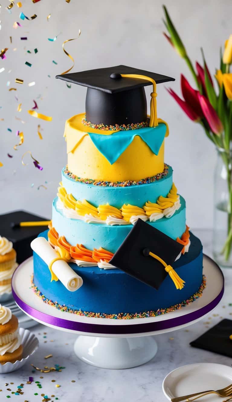 A colorful graduation cake adorned with a mortarboard hat, diploma, and confetti. A joyful scene with a celebratory atmosphere