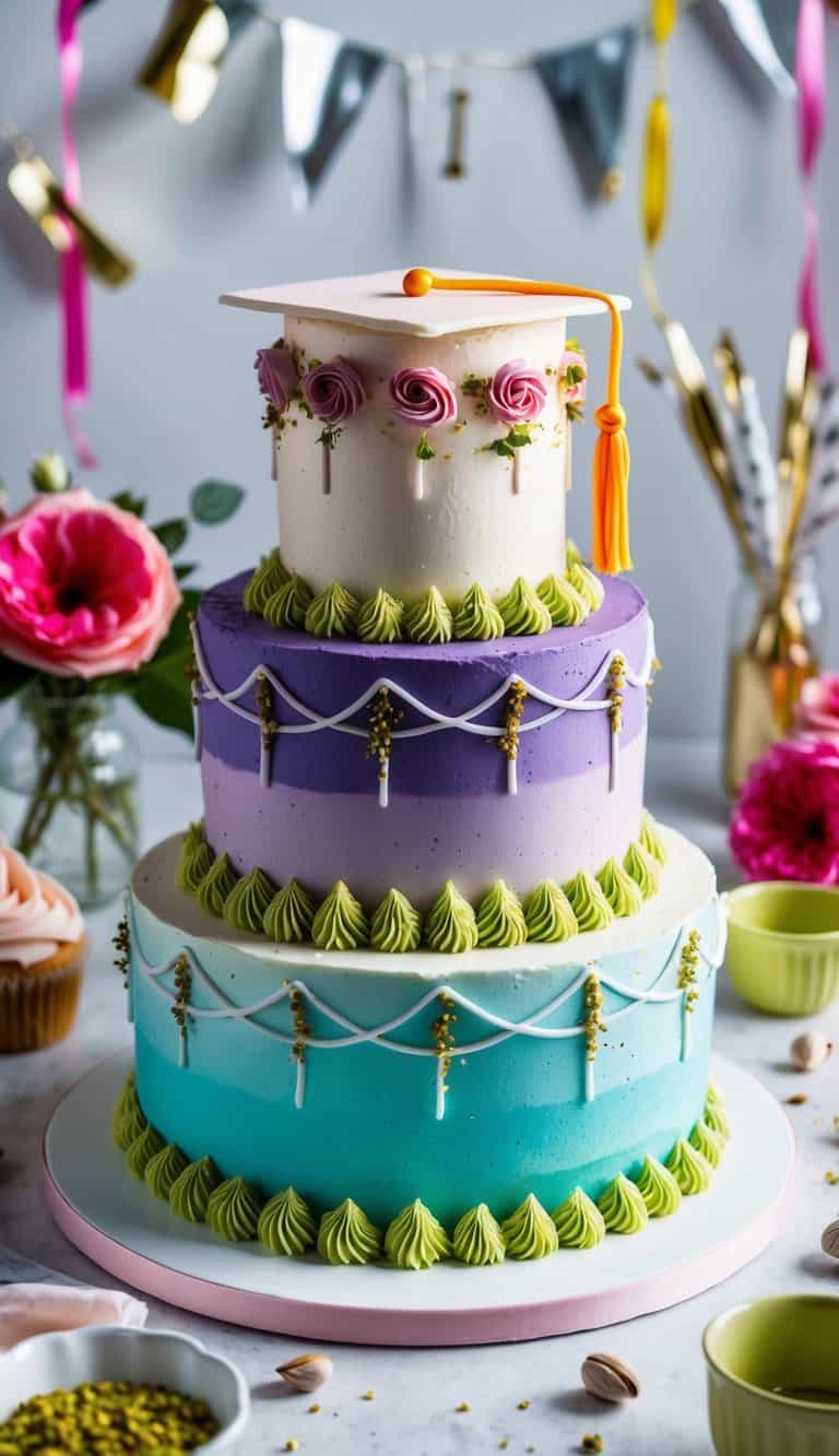 A colorful graduation cake adorned with rose water and pistachio, surrounded by festive decorations and a celebratory atmosphere