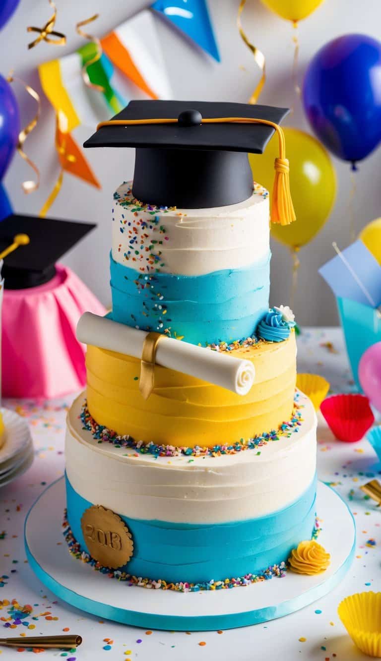 A colorful graduation cake adorned with a mortarboard cap, diploma, and confetti, surrounded by joyful party decorations and a celebratory atmosphere