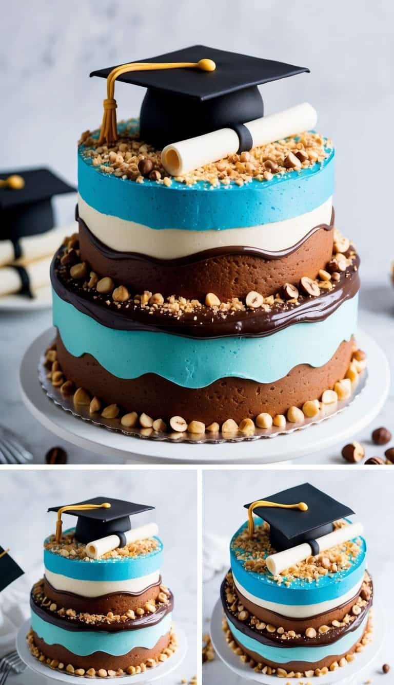 A colorful graduation cake topped with a generous layer of Nutella and sprinkled with crushed hazelnuts. Graduation cap and diploma decorations complete the festive design