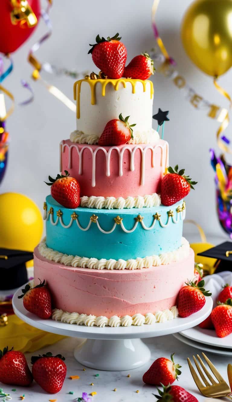 A colorful strawberry shortcake graduation cake surrounded by festive decorations and a celebratory atmosphere