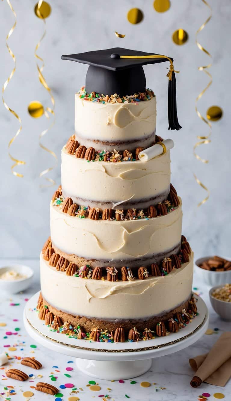 A towering butter pecan cake adorned with graduation cap and diploma, surrounded by confetti and festive decorations