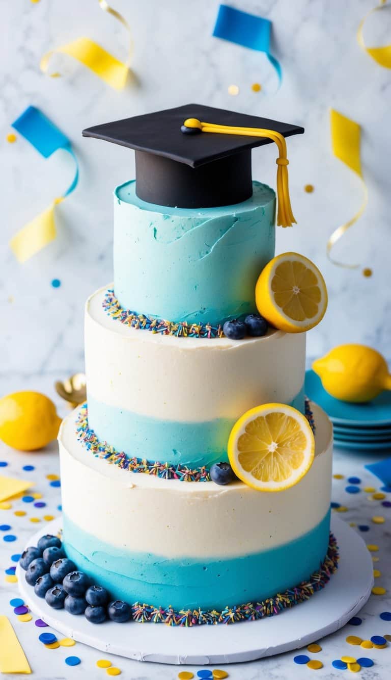 A vibrant blueberry lemon graduation cake surrounded by confetti and topped with a graduation cap and diploma