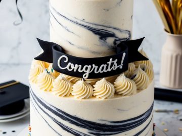 A two-tiered graduation cake with marbled frosting, topped with a black graduation cap and a "Congrats!" banner. The cake is decorated with colorful sprinkles at the bottom, surrounded by scattered confetti and a small bowl of sprinkles.