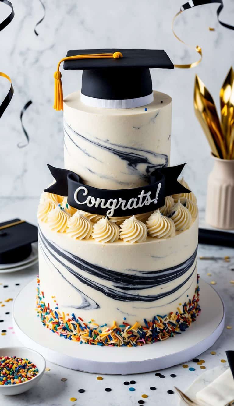 A classic marble swirl graduation cake topped with a graduation cap and diploma, surrounded by confetti and a banner that reads "Congrats!"