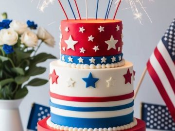 A three-tiered cake adorned with red, white, and blue frosting, stars, and sparklers, set amidst American flags. White roses in a vase and ribbon decorations complete the festive scene.