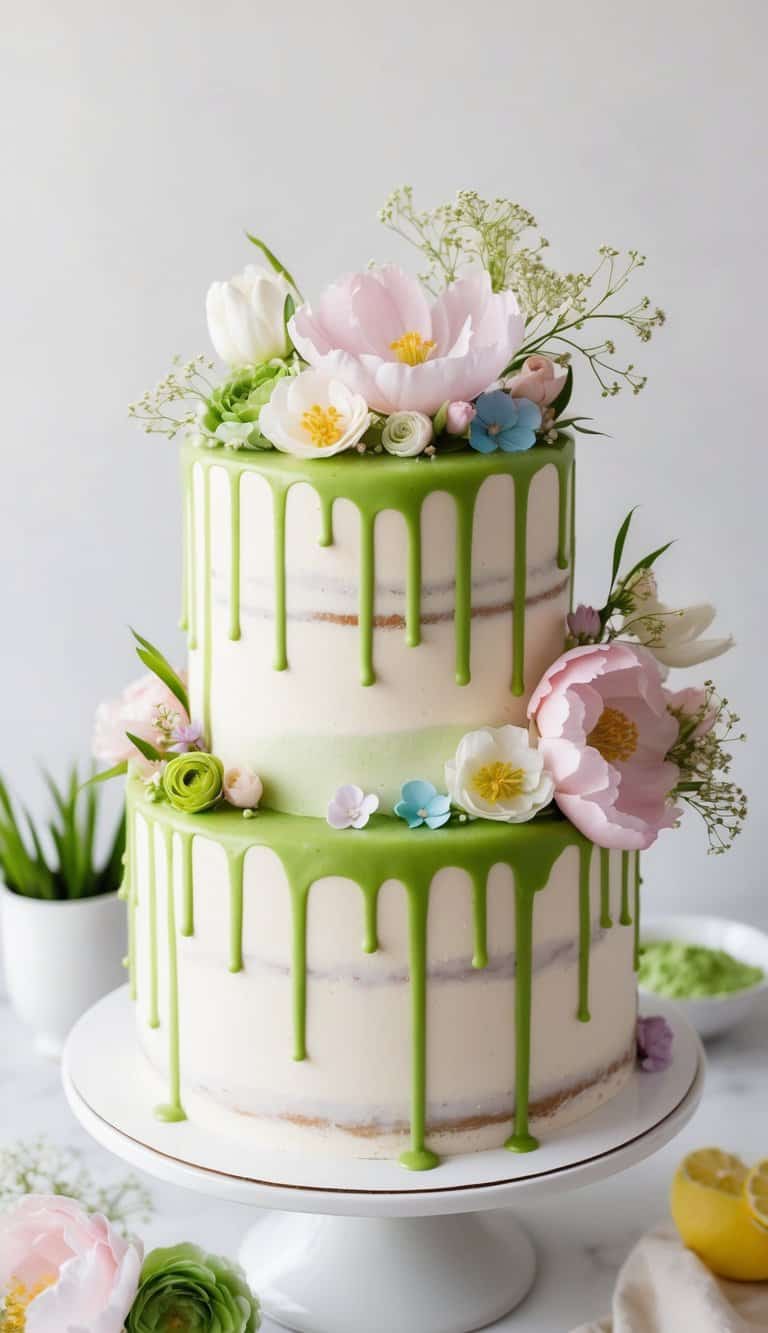 A vibrant green matcha drizzle cascading over a spring-themed cake adorned with flowers and pastel-colored decorations