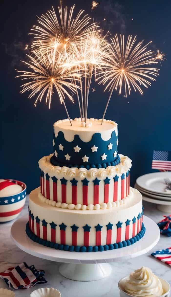 A patriotic-themed, three-tiered cake is decorated with stars and stripes, reminiscent of the American flag. Sparklers are lit on top of the cake, creating a festive and celebratory atmosphere. Plates and a small flag are visible in the background.