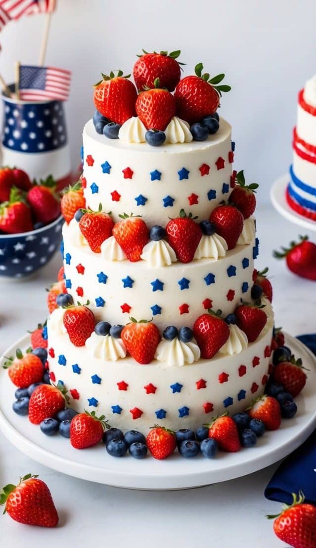 A three-tiered cake decorated with red, white, and blue stars, topped with strawberries. The cake is surrounded by blueberries at the base. In the background, there are American flags and bowls of strawberries.