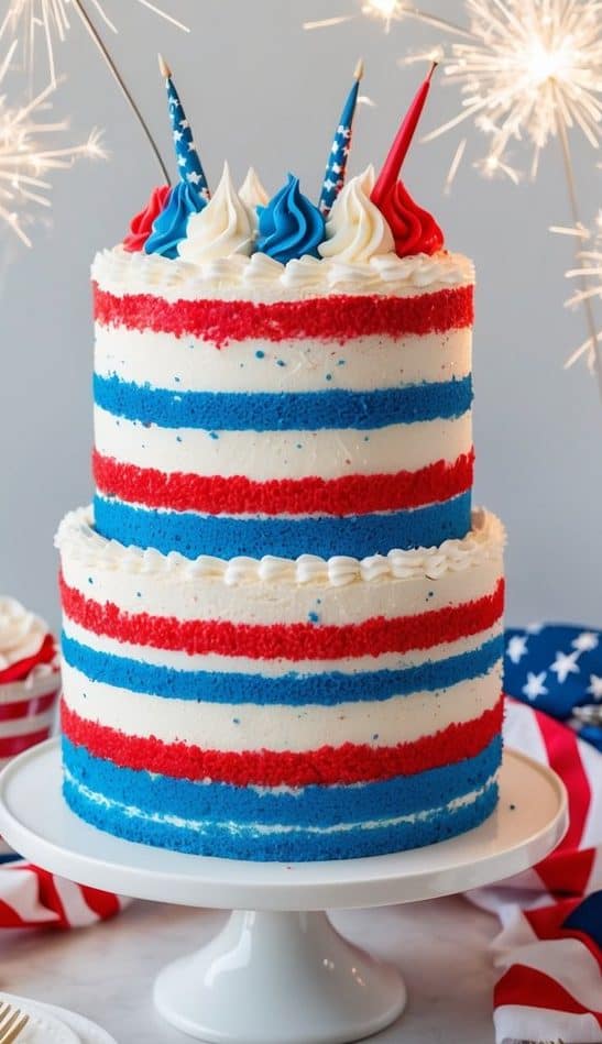 A two-tiered cake with red, white, and blue layers, topped with tri-colored frosting swirls and sparklers. The table features American flag-themed napkins, a matching cupcake, and gold forks on white plates.
