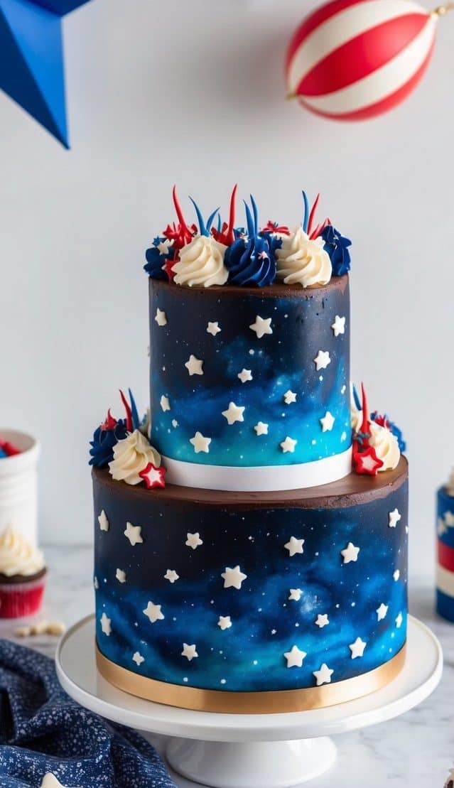A two-tiered cake with a galaxy theme, featuring a dark blue and black gradient with white star decorations. The cake is topped with red, blue, and white swirled frosting. Nearby are star-shaped ornaments and a striped balloon.