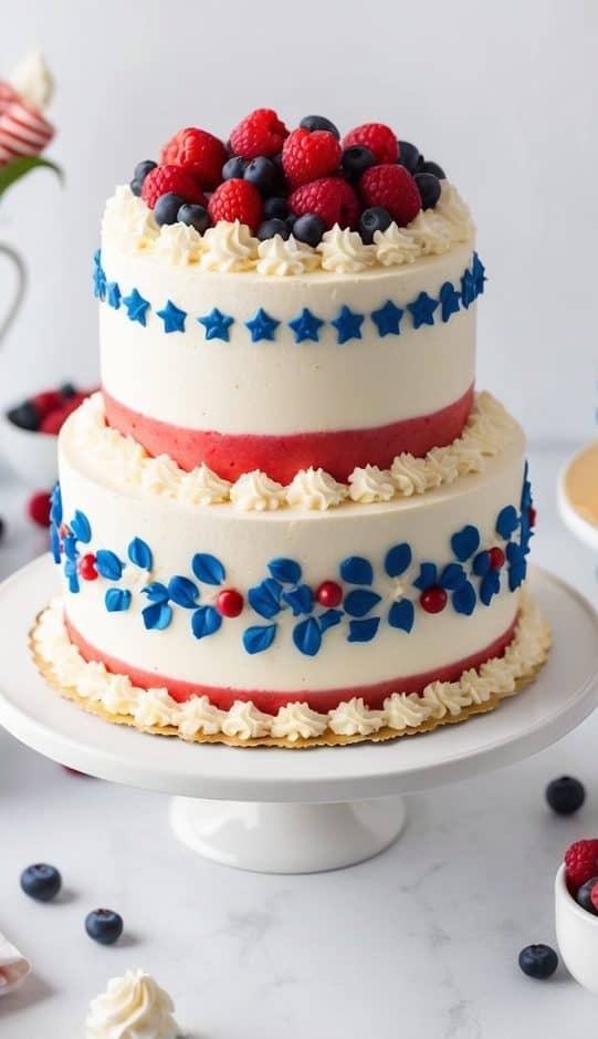 A two-tiered cake with red, white, and blue layers, decorated with stars, blueberries, and raspberries. American flags hang in the background. Small bowls of berries and a pitcher with skewered strawberries are on the table nearby.