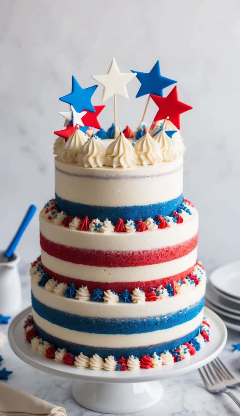 A festive Vanilla Berry Swirl Cake adorned with red, white, and blue berries and decorative stars
