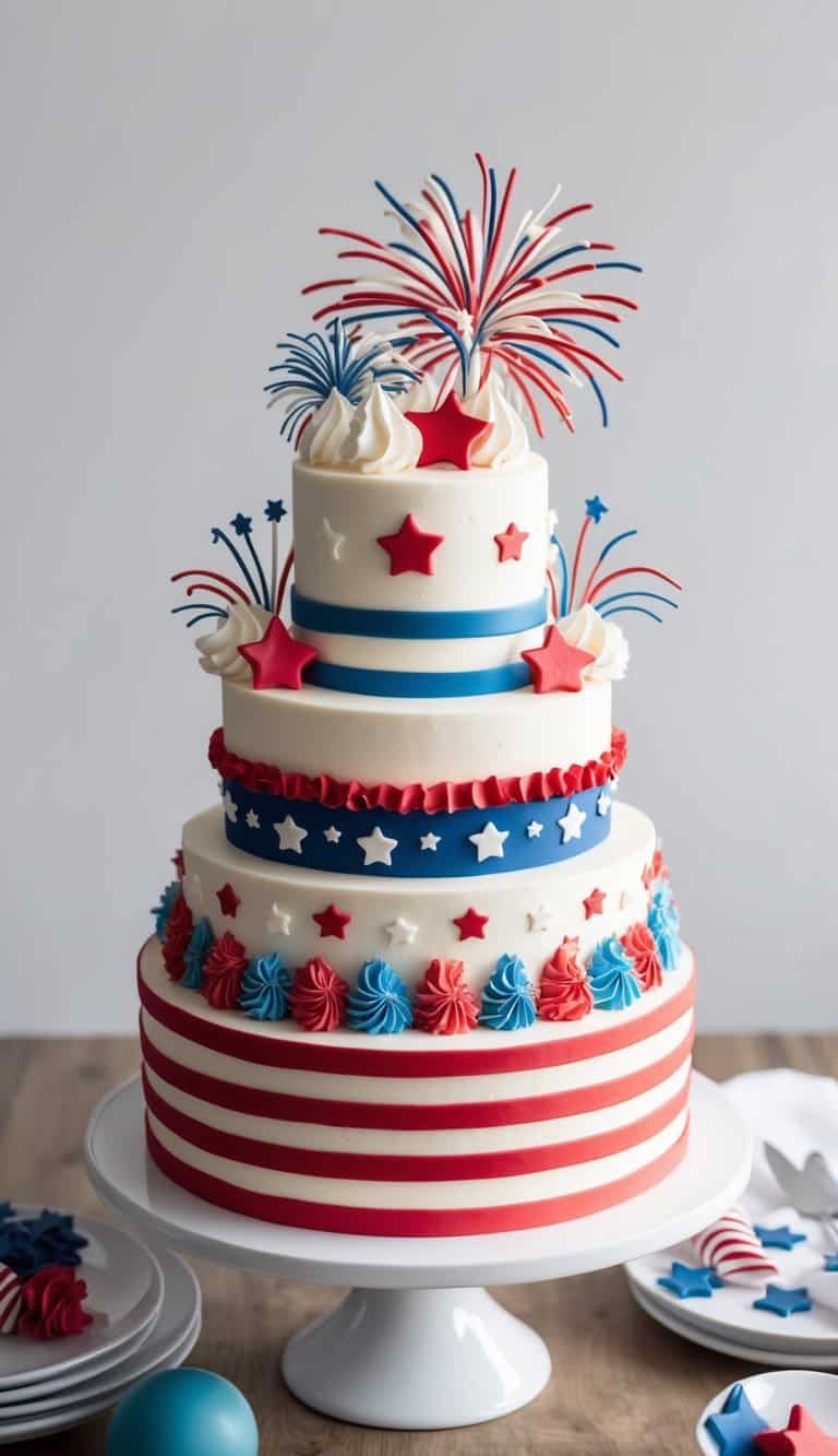 A festive Fourth of July cake adorned with red, white, and blue decorations, including stars, stripes, and fireworks