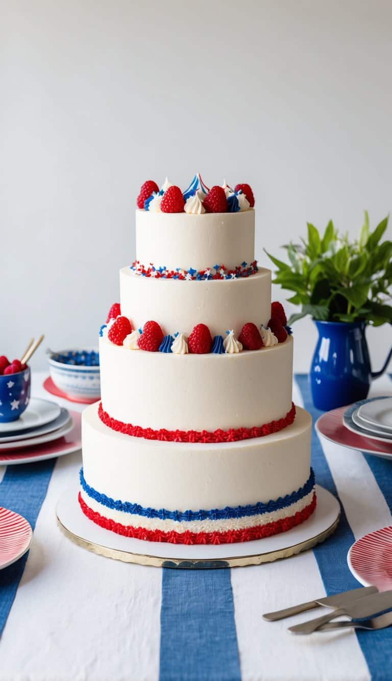 A white chocolate raspberry cake adorned with red, white, and blue decorations sits on a festive Fourth of July table
