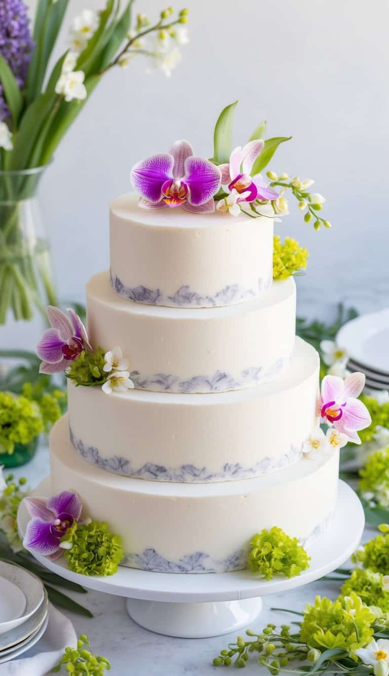 A vanilla orchid frosting cake surrounded by vibrant spring flowers and greenery, with a light and airy atmosphere