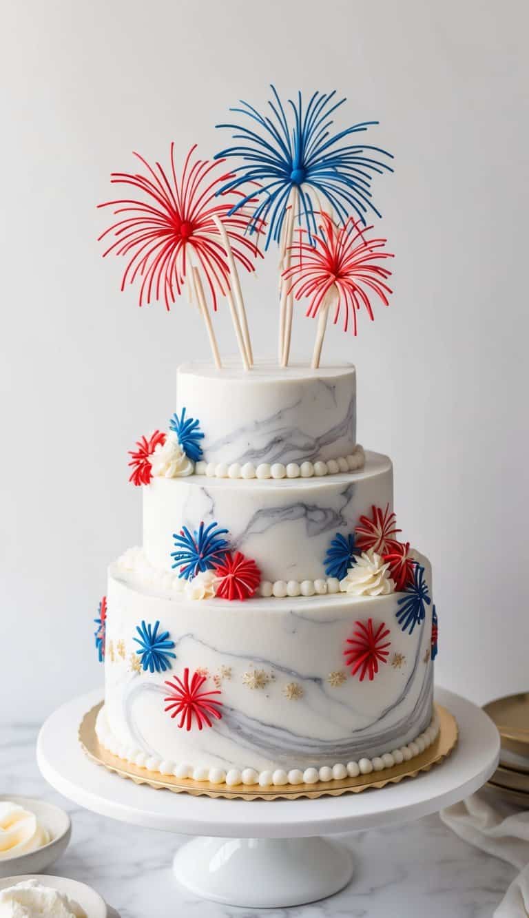A festive marble pound cake adorned with colorful fireworks, perfect for Fourth of July celebrations