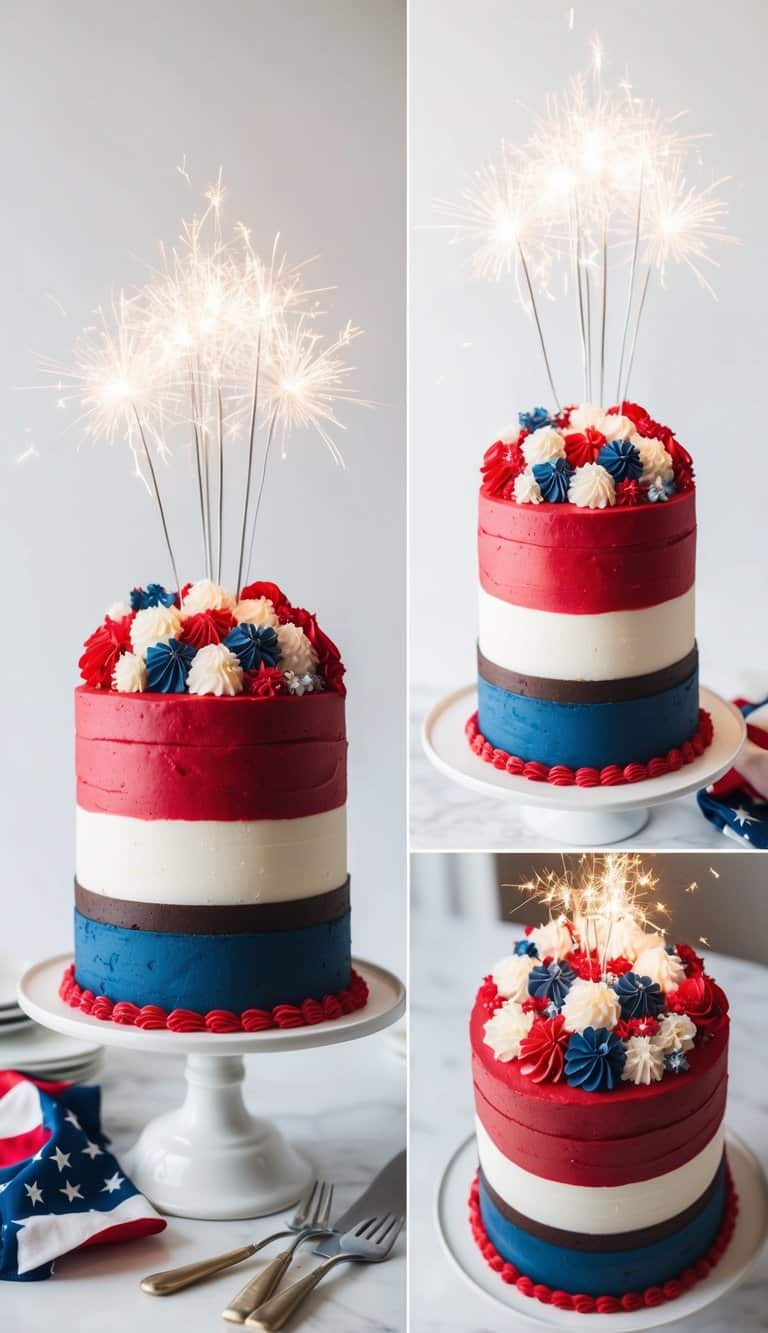 A festive Fourth of July cake with red, white, and chocolate layers, topped with patriotic decorations and sparklers