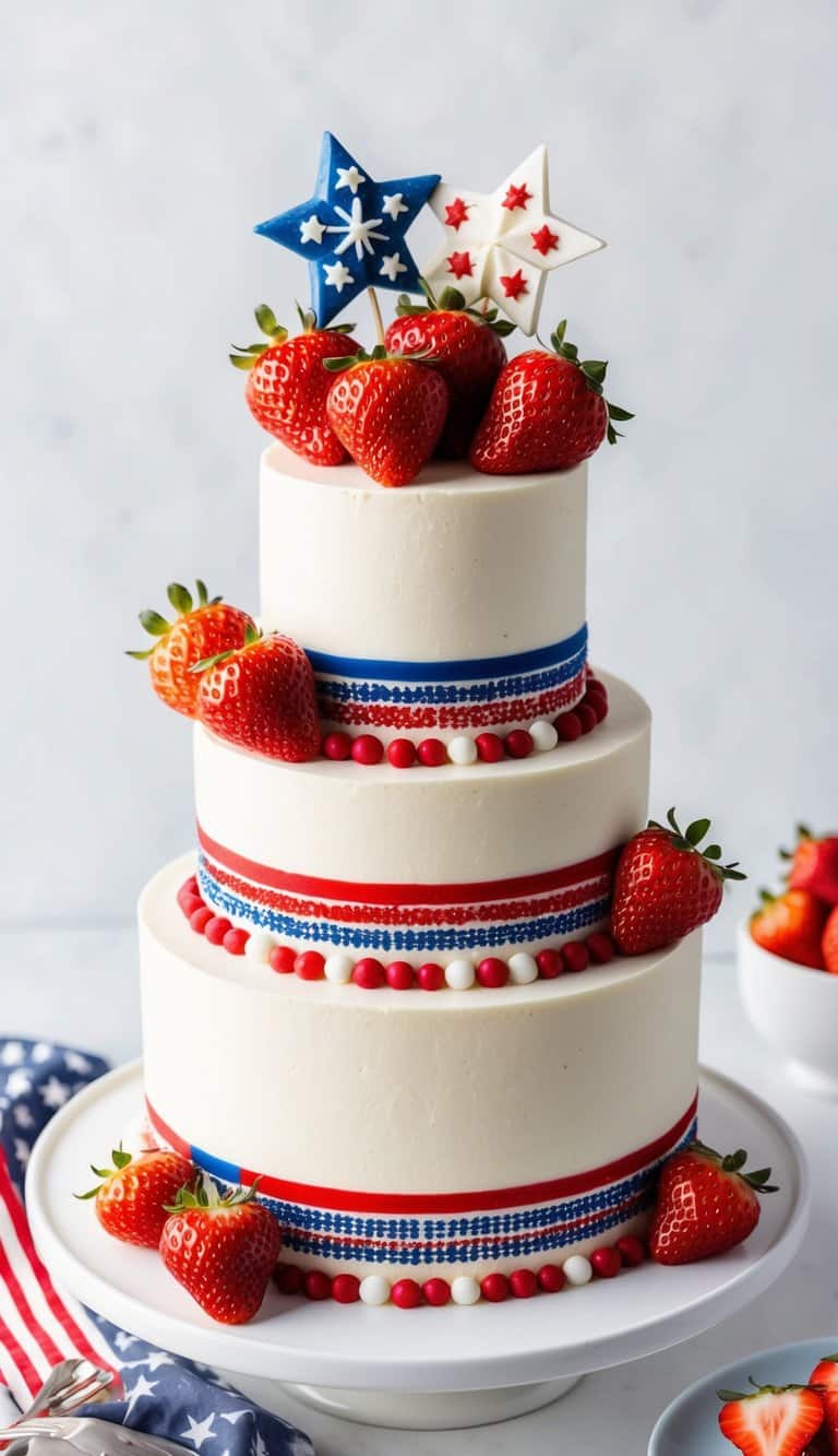A festive Fourth of July cake adorned with sparkling strawberries and patriotic decorations
