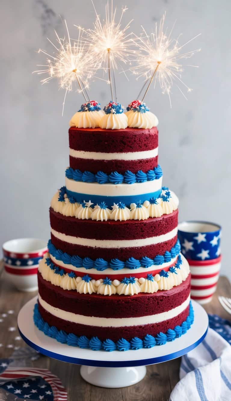 A red velvet cake adorned with blue and white frosting, topped with sparklers and surrounded by patriotic decorations