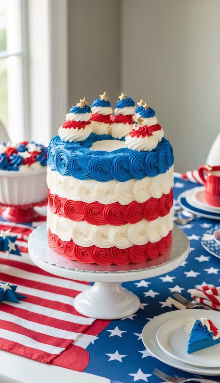 A festive American flag roll cake displayed on a red, white, and blue decorated table with patriotic decorations