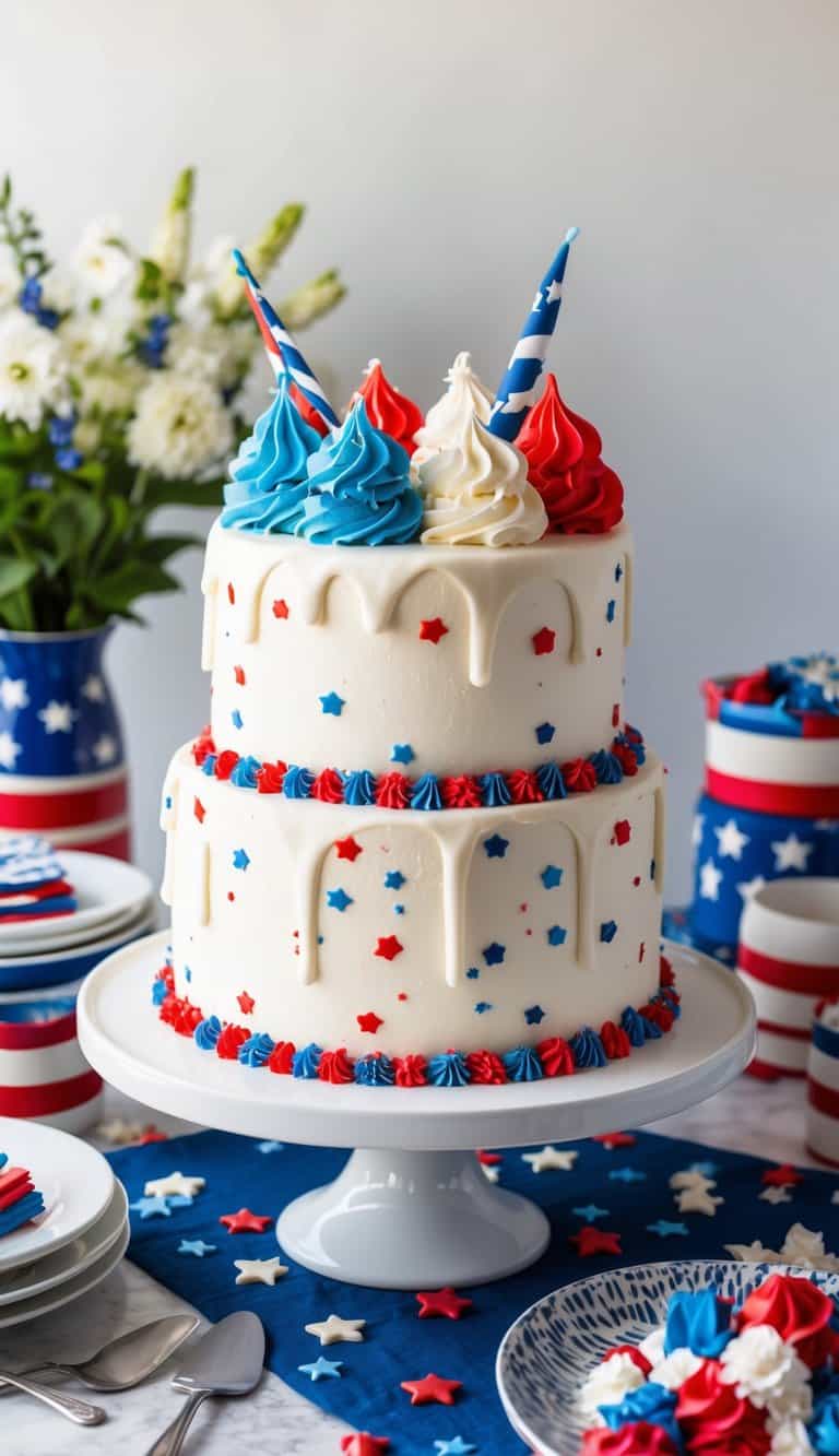 A festive ice cream cake adorned with red, white, and blue decorations sits on a table surrounded by Fourth of July themed decor