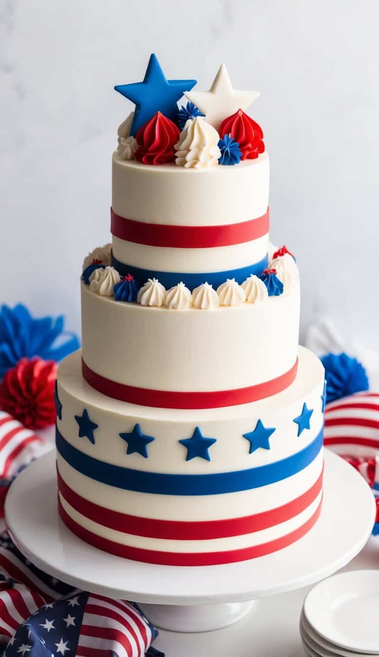 A three-tiered cake with red, white, and blue layers, adorned with stars and stripes, surrounded by festive Fourth of July decorations