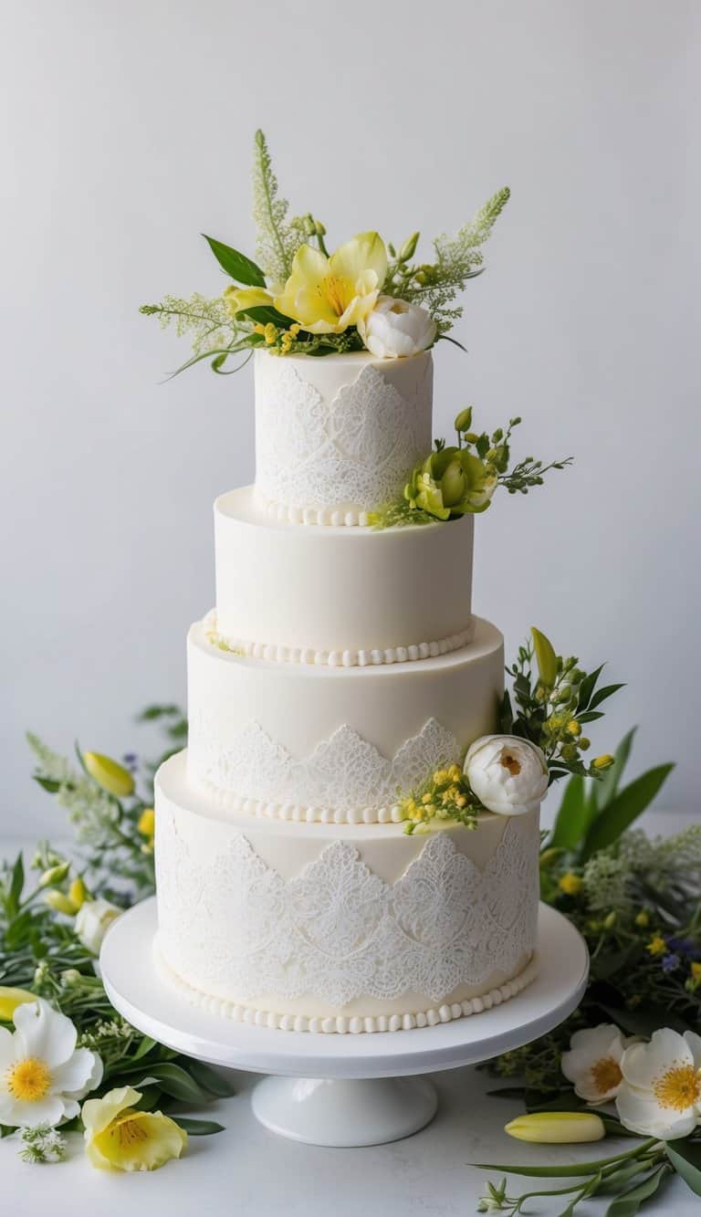 A tiered cake adorned with delicate antique lace patterns, surrounded by vibrant spring flowers and foliage