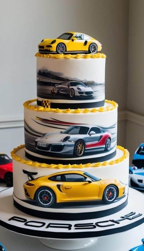 A three-tier cake decorated with images of sports cars is surrounded by small model car toys in various colors. The cake and models are arranged on a table with a checkered racing-themed design.